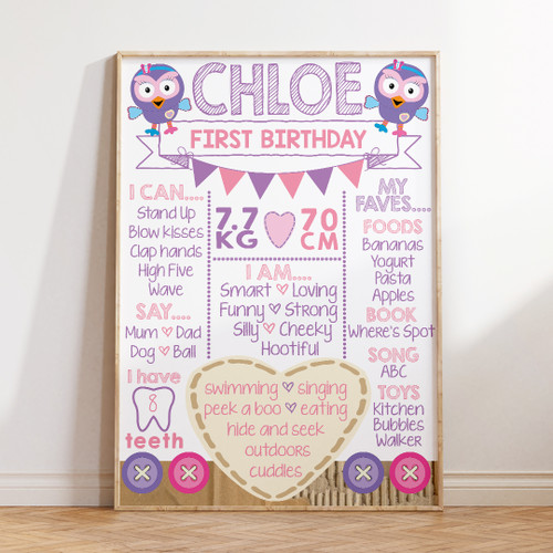 Lullaby Owl Birthday Milestone Board - Personalised For You | Design 20113 White