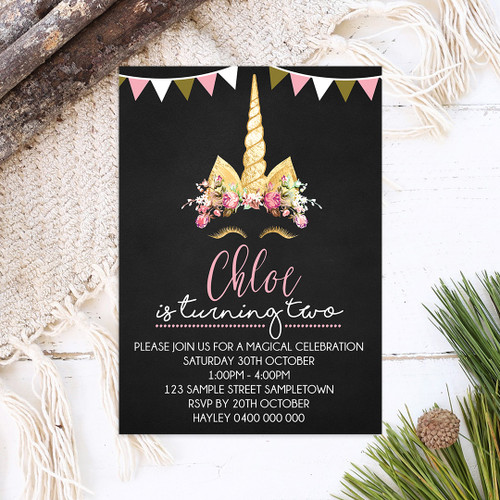 Sleepy Unicorn Birthday Invitation - Personalised For You | Design 20211 Chalk