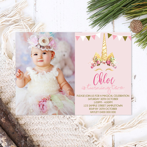 Sleepy Unicorn Photo Birthday Invitation - Personalised For You | Design 20211 Pink