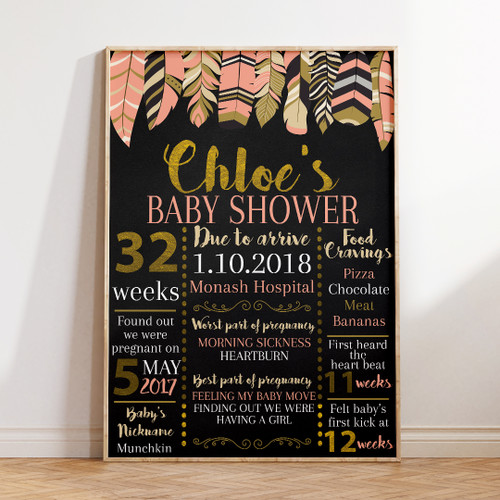 Pink Feathers Baby Shower Milestone Board - Personalised For You | Design 20295
