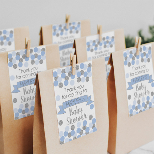 Confetti Pop Baby Shower Tags - Personalised For You | Design 20042 Blue + Silver