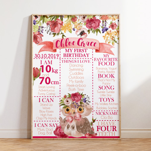 Blossom Owl Birthday Milestone Board - Personalised For You | Design 20454