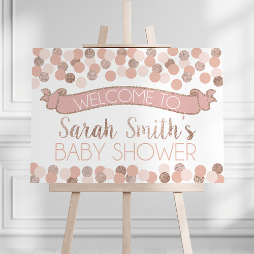 Confetti Pop Baby Shower Landscape Sign - Personalised For You | Design 20042 Pink + Rose Gold