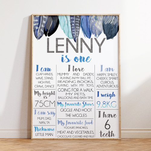 Blue Feathers Birthday Milestone Board - Personalised For You | Design 20229 White