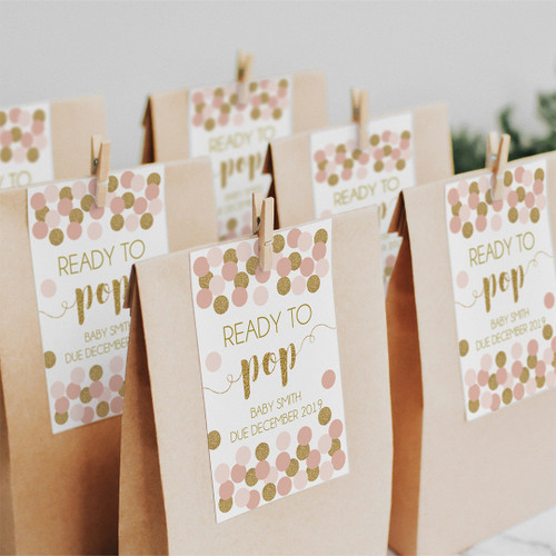 Confetti Ready To Pop Baby Shower Tags - Personalised For You | Design 20042 Pink + Gold