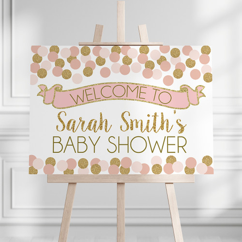 Confetti Pop Baby Shower Landscape Sign - Personalised For You | Design 20042 Pink + Gold