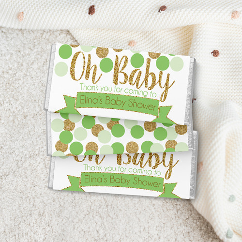 Confetti Pop Baby Shower Chocolate Wrapper - Personalised For You | Design 20042 Green + Gold