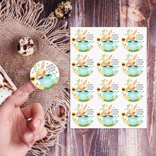 Rabbit Easter Circle Stickers - Personalised For You | Design 20910 Blue