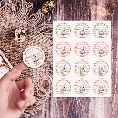 Rabbit Easter Circle Stickers - Personalised For You | Design 20906 Pink