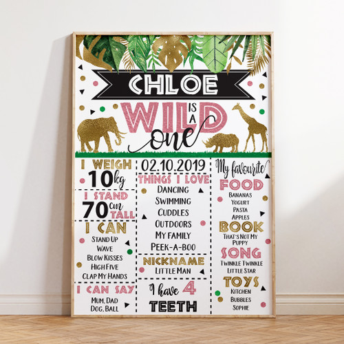 Jungle Animals Wild One Milestone Board - Personalised For You | Design 20435 Pink