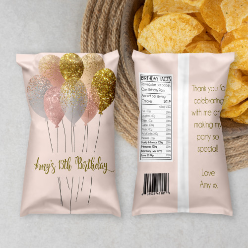 Pink + Gold Balloons Chip Packet - Personalised For You | Design 20498