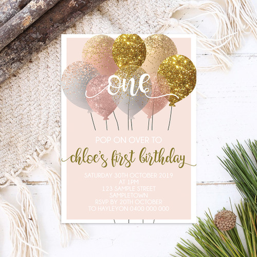 Pink + Gold Balloons Birthday Invitation - Personalised For You | Design 20498