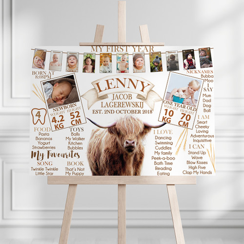 Highland Cow My First Year Photo Milestone Board - Personalised For You | Design 20586
