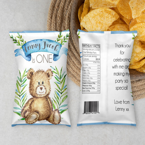 Teddy Bear Birthday Chip Packet - Personalised For You | Design 20391 Blue