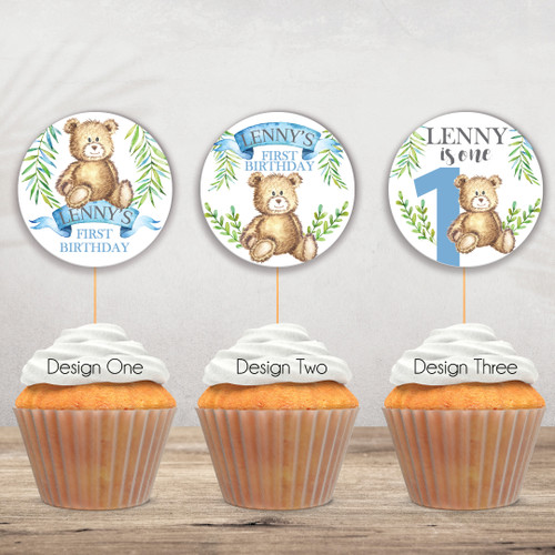 Teddy Bear Birthday Cupcake Toppers - Personalised For You | Design 20391 Blue