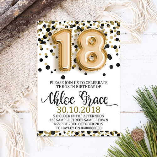 Black + Gold Confetti Birthday Invitation - Personalised For You | Design 20499
