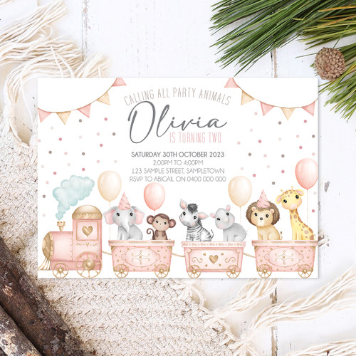 Jungle Train Birthday Invitation - Personalised For You | Design 21121 Pink