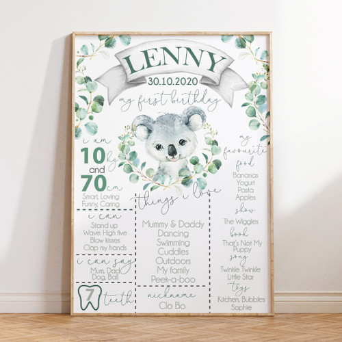 Koala Birthday Milestone Board - Personalised For You | Design 20724 White