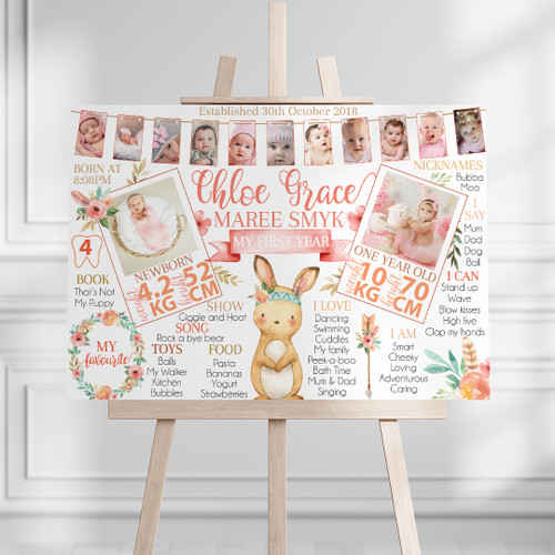 Boho Bunny My First Year Photo Milestone Board - Personalised For You | Design 20587