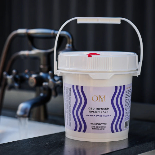 Mid-size bulk CBD-infused Epsom salt arnica rosemary orange therapeutic bath muscle recovery wholesale