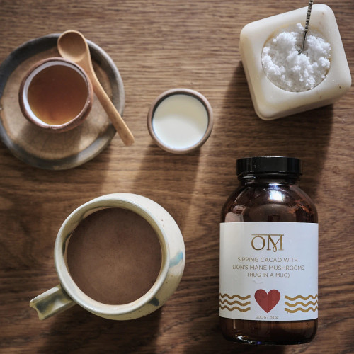 Organic raw sipping cacao lions mane mushroom elixir magnesium-rich heart-opening beverage