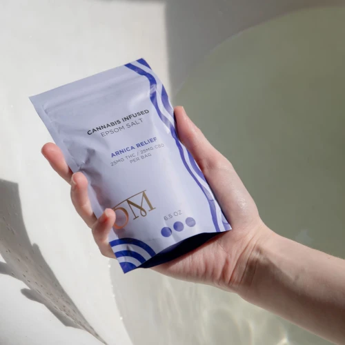 Arnica Relief Epsom Salt in a single serve pouch for your bath soak to relieve muscle soreness and inflammation