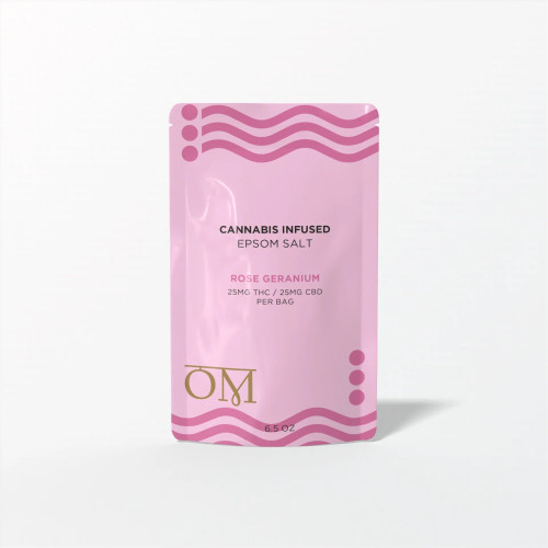 Om Wellness Rose Geranium Epsom salt pouch with CBD and Delta 9 THC for luxurious floral bath experience