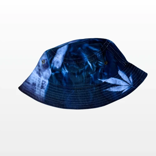 Cyanotype cotton bucket hat with iconic cannabis leaves branded gear