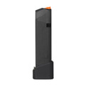 TTI Glock 17 OEM 17-round magazine with +5/6 base pad and strengthened spring, designed for GLOCK 17, black with orange tip, 9mm firearm accessary.