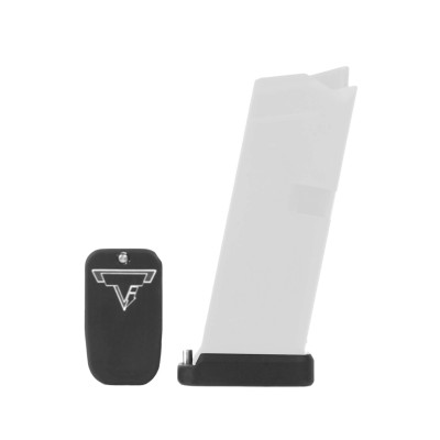 Glock 42 .380 OEM magazine with a black +1 base pad featuring white logo, extended capacity, and a compact magazine design on a black stand.