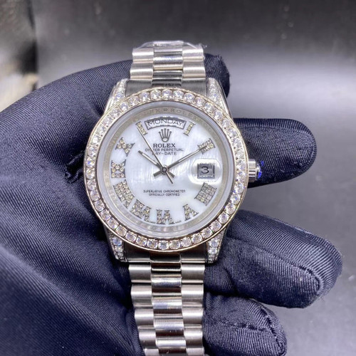 buy High quality replica Iced out Bezel Rolex Datejust silver case white pearl dial Roman numbers 40mm replica from hypereptime Rolex