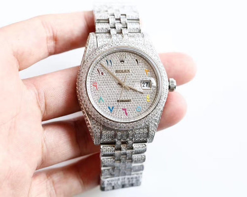 buy High quality replica Iced out Moissanite Diamonds Rolex Datejust Jubilee bracelet Silver case colorful rainbow Arabic number glass back 40mm replica from hypereptime Rolex