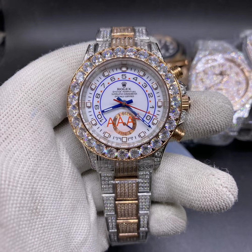 Buy High quality replica iced out moissanite diamonds Rolex Yatchmaster YMII two tone diamonds 40mm from HypeRepTime, best replica designer brand website