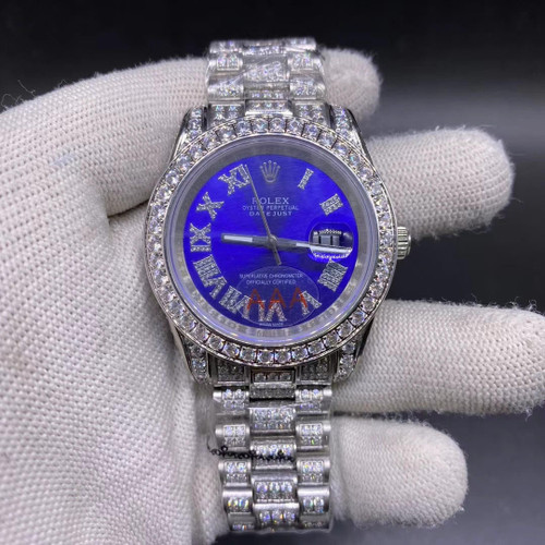 buy High quality replica iced out moissanite diamonds Rolex date just Blue face 40mm replica from hypereptime Rolex