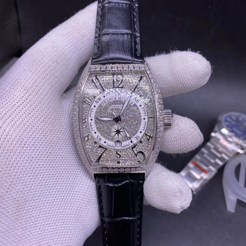 buy High quality replica Iced Out moissanite diamonds Franck Muller, Black leather strap (36 - 44mm available) replica from hypereptime Rolex