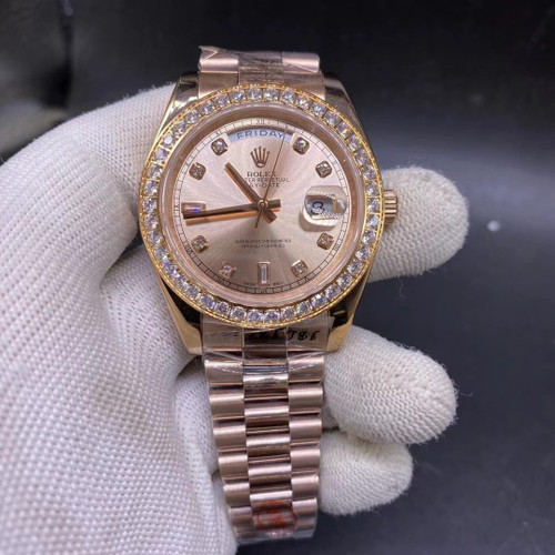 Buy High quality replica Iced out moissanite diamonds Rolex Daydate, Rose gold from HypeRepTime, best replica designer brand website