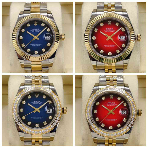 High quality replica Plain Jane Rolex Datejust two tone gold blue, red dials (Pick Style)