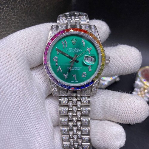 buy High quality replica Iced out moissanite diamonds Rolex Datejust, Rainbow Bezel, green dial face, Arabic numbers, (36 - 44mm available) replica from hypereptime Rolex
