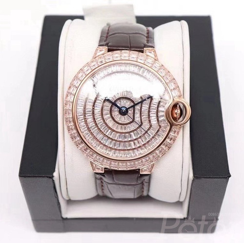 XHigh quality replica Iced out Moissanite Diamonds  Cartier Baguette Rosegold 42mm brown leather strap