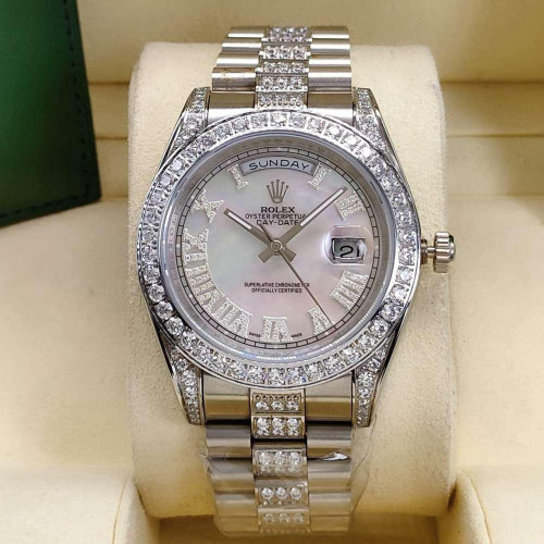 buy High quality replica Iced out Moissanite Rolex Daydate,  Iced out Silver Bezel and Band replica from hypereptime Rolex
