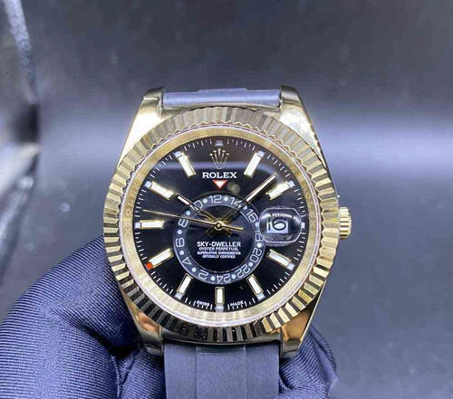 High quality replica Plain Jane Rolex Sky-Dweller gold case  black dial oysterflex rubber strap