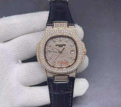 buy High quality replica Iced out Moissanite Patek iced out rose gold case black leather strap replica from hypereptime Patek