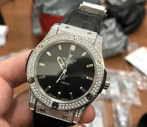 buy High quality replica iced out moissanite Hublot Silver case with Leather Strap replica from hypereptime Hublot