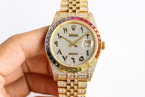 buy High quality replica iced out moissanite diamonds Rolex Rainbow Datejust with Arabic dial (Pick Style) replica from hypereptime Rolex