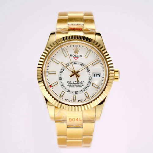High quality replica Plain Jane Rolex Day Sky Dweller Gold case with white dial