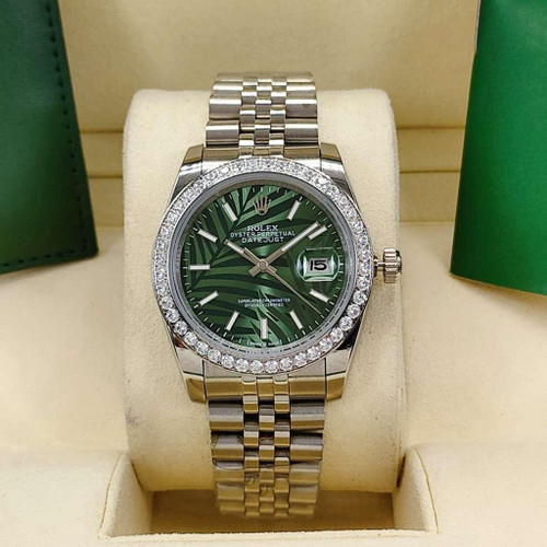 Buy High quality replica Iced out Moissanite Rolex Datejust palm leaf green dial silver case with Jubille band from HypeRepTime, best replica designer brand website