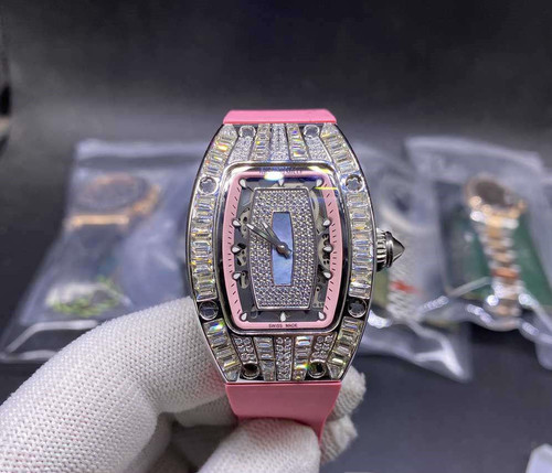 Buy High quality replica Iced Out Moissanite baguette Richard Mille 32mm, pink rubber strap from the best trusted, fake clone swiss designer brand watch website
