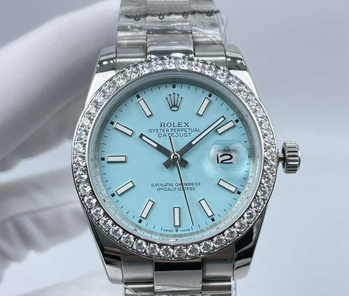 Buy High quality replica Iced out Rolex Datejust 36mm tiffany blue dial luminous dash numbers diamonds bezel oyster band from the best trusted, fake clone swiss designer brand watch website