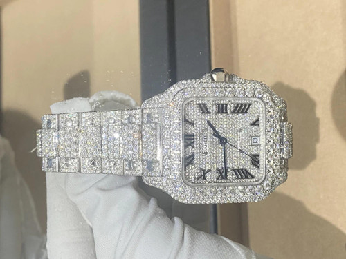 Buy High quality replica Fully Iced out Moissanite Cartier Santos Cold Silver Watch from the best trusted, fake clone swiss designer brand watch website