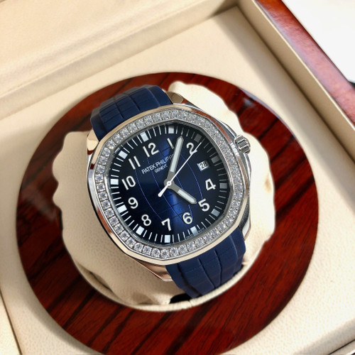 Super clone replica iced out Patek Philippe AQUANAUT series moissanite vvs diamond Geneve navy blue strap watch